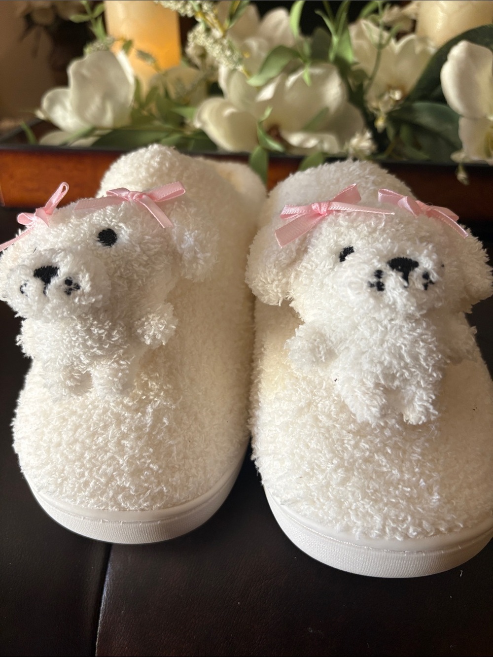 Plush White Puppy Slippers for Kids with Pink Bows